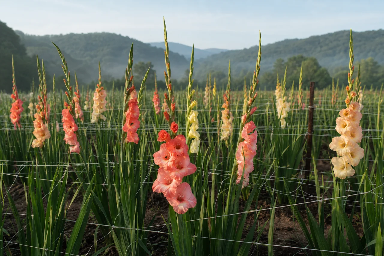 산이 보이는 여름 절화 농장에서 산호색과 크림색 글라디올러스가 줄지어 핀 모습